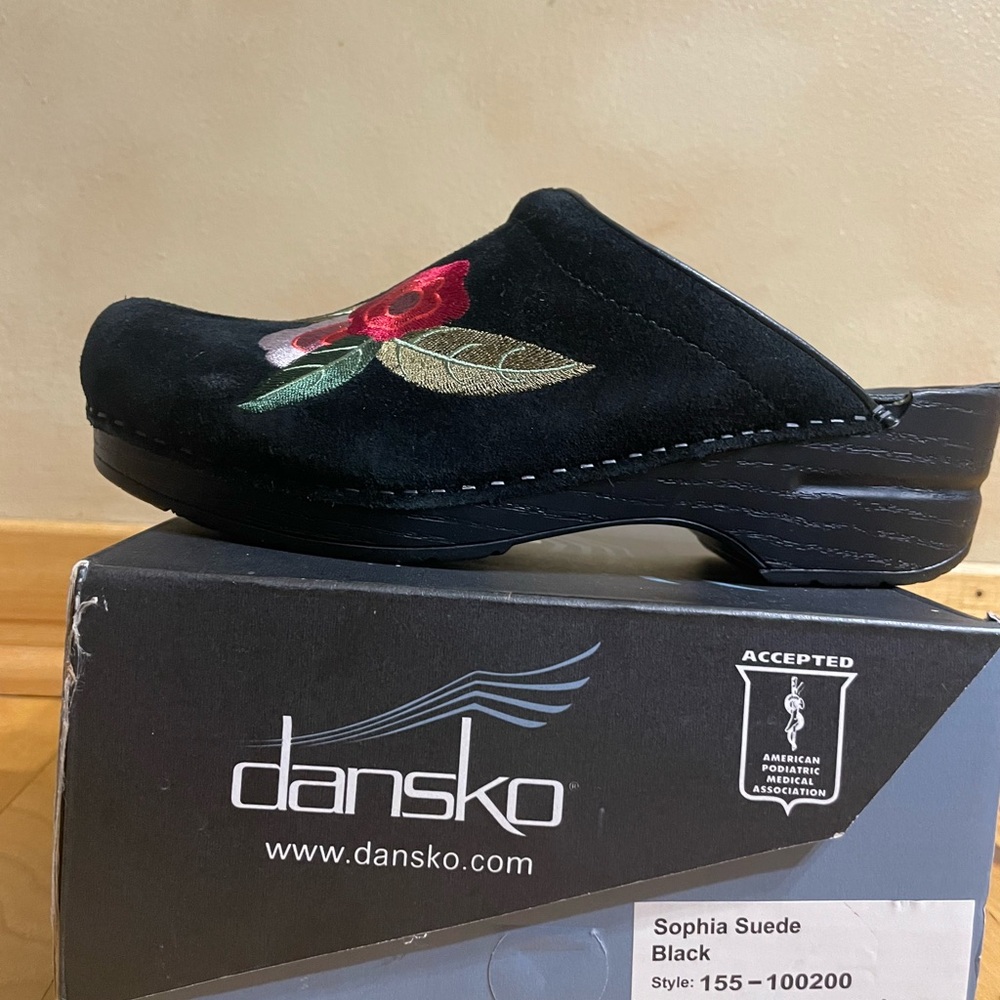 Dansko Black Suede Mule with Red Rose Embroidery